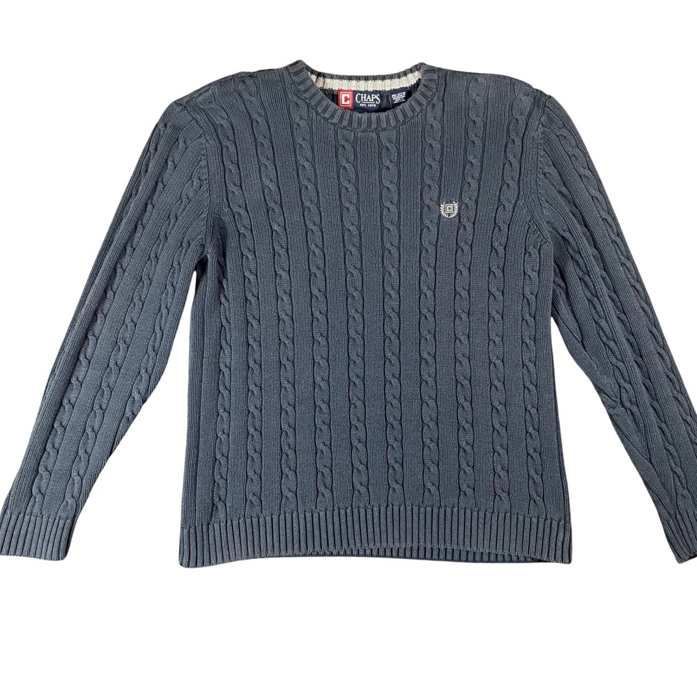 Chaps Ralph Lauren Men's Cable Knit Crewneck Sweater M Blue Fisherman Old Money